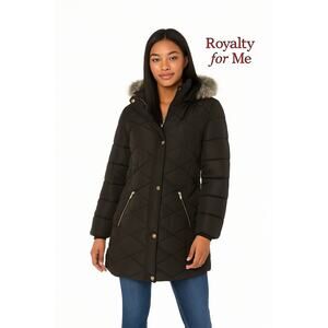 Royalty For Me Black Winter Coat w/Faux Fur Trimmed Hood Sz. M